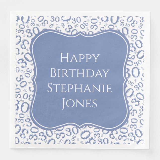 30h Birthday Blue/White Bracket Number Pattern Napkin (Front)
