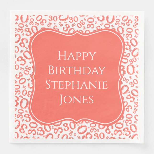30h Birthday Coral/White Bracket Number Pattern Napkin (Front)