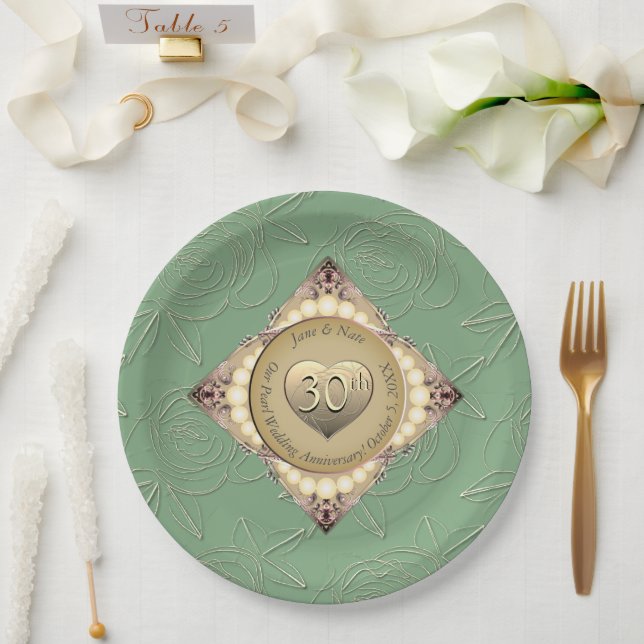30th/12th Pearl & Green Wedding Anniversary  Paper Plate (Wedding)