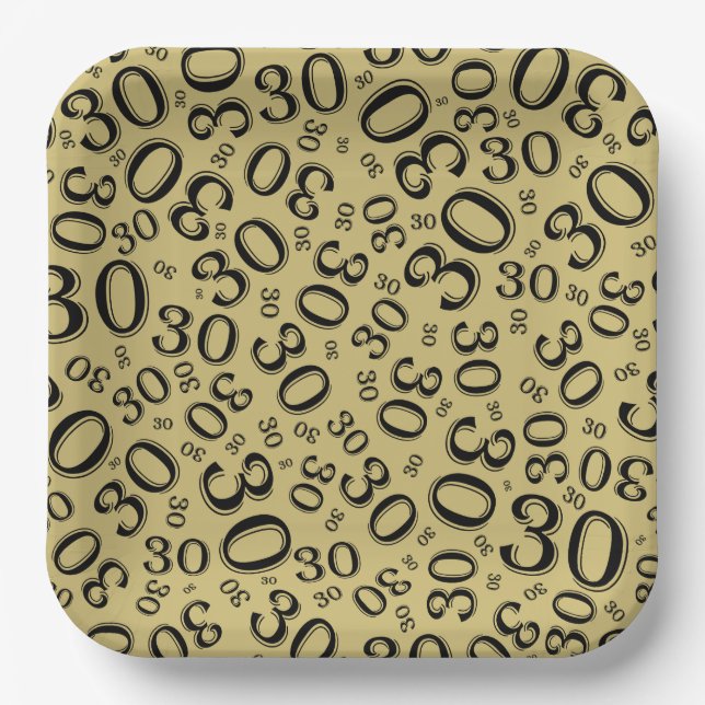 30th Age Random Number Pattern Black/Gold Paper Plate (Front)