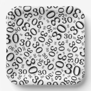 30th Age Random Number Pattern Black/White Paper Plate