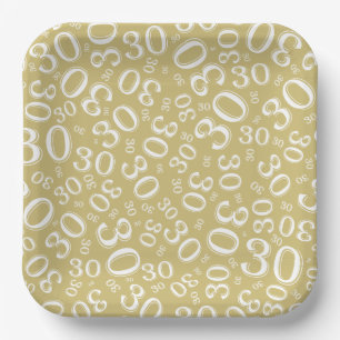 30th Age Random Number Pattern Gold/White  Paper Plate