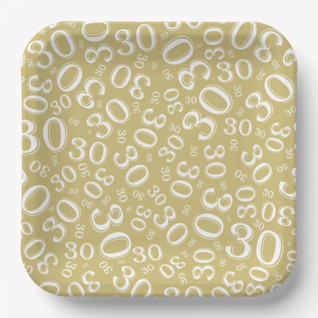 30th Age Random Number Pattern Gold/White  Paper Plate (Front)