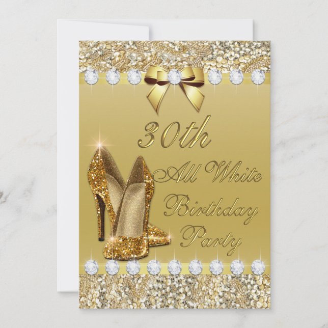 30th All White Birthday Gold Heels Sequin Diamonds Invitation (Front)
