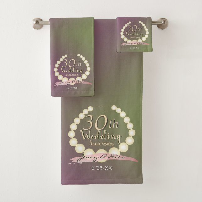 30th and 12th Wedding Anniversary" Pearls and Moss Bath Towel Set (Insitu)