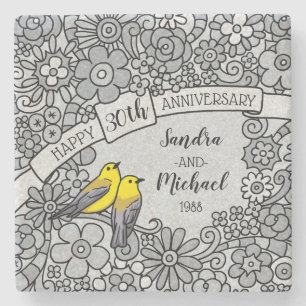 30th Anniversary, Floral and Birds Personalised Stone Coaster