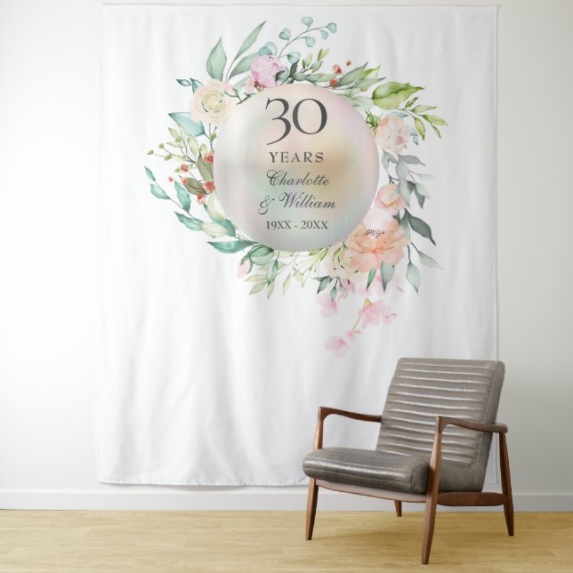 30th Anniversary Floral Pearl Photo Booth Backdrop Tapestry (In Situ)
