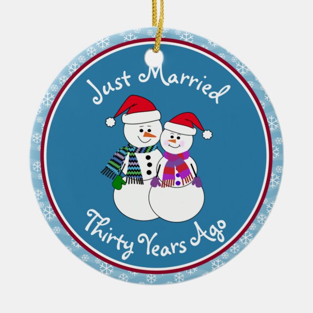 30th Anniversary Gift Fun Snow Couple Ceramic Tree Decoration (Front)