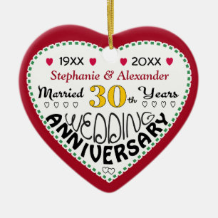 30th Anniversary gift heart shaped Christmas Ceramic Tree Decoration