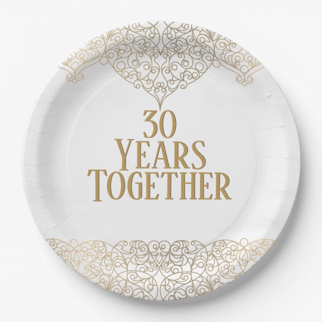 30th Anniversary Gold Lace On White Paper Plate (Front)
