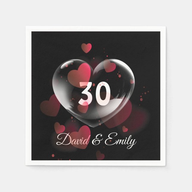 30th Anniversary Heart Bubble With Red Hearts Napkin (Front)