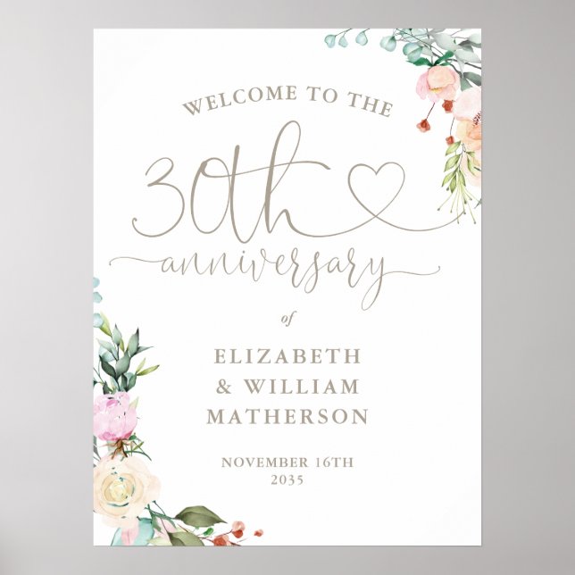 30th Anniversary Heart Script Floral Welcome Sign (Front)