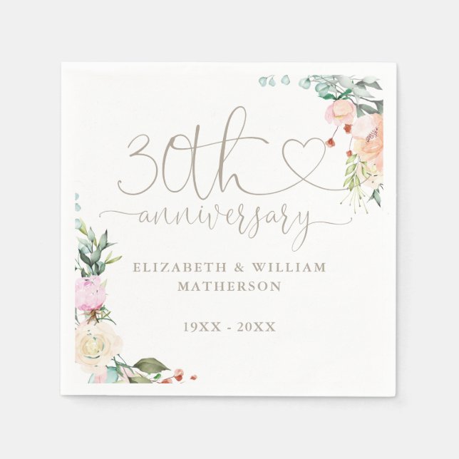30th Anniversary Heart Script Roses Floral Napkin (Front)
