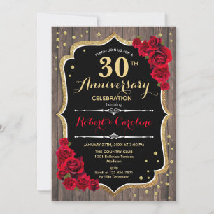 30th Anniversary Invitation - Rustic Wood Red Gold