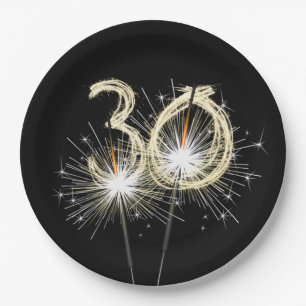 30th Anniversary Party Sparklers on Black  Paper Plate