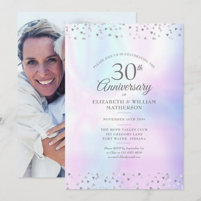 30th Anniversary Photo Pearl Hearts Confetti Invitation (Front/Back)