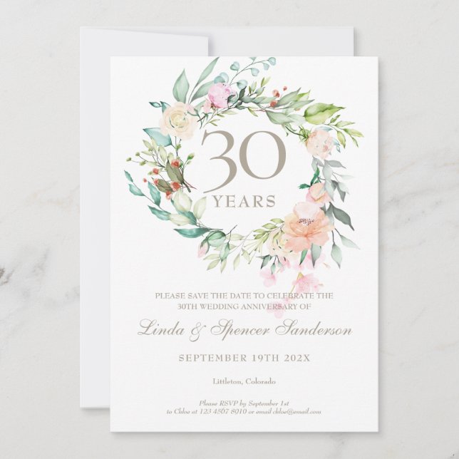 30th Anniversary Save the Date Pearl Floral Roses Invitation (Front)