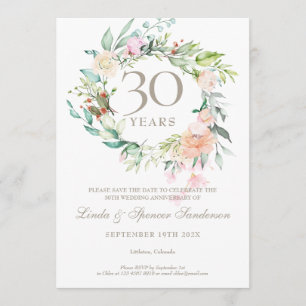 30th Anniversary Save the Date Pearl Floral Roses Invitation