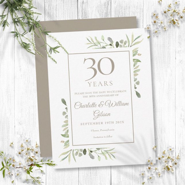 30th Anniversary Save the Date Watercolor Greenery Announcement Postcard (30th Anniversary Save the Date Watercolor Greenery Announcement Postcard)
