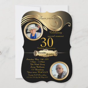 30th,Anniversary Wedding, art deco, black gold Invitation