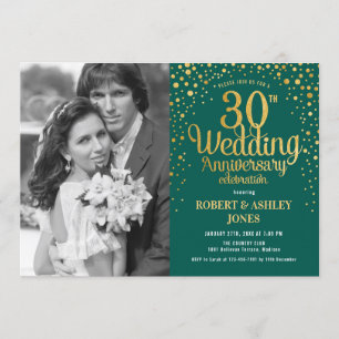 30th Anniversary with Photo - Emerald Green Gold Invitation