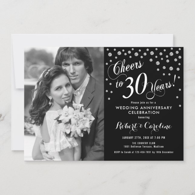 30th Anniversary with Photo - Silver White Black Invitation (Front)