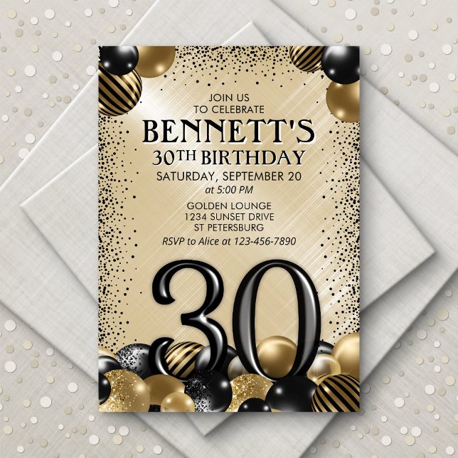 30th Balloons Black Gold Birthday Invitation (Creator Uploaded)