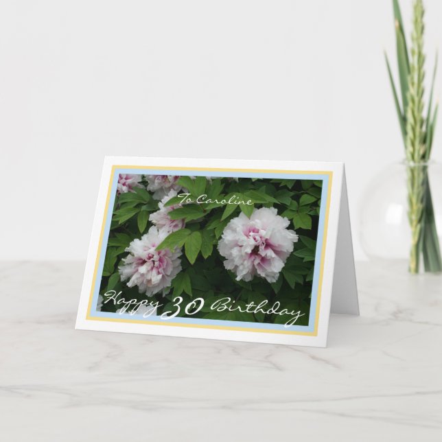 30th Bday Caroline Peonies Elegant Blue Gold Frame Card (Front)