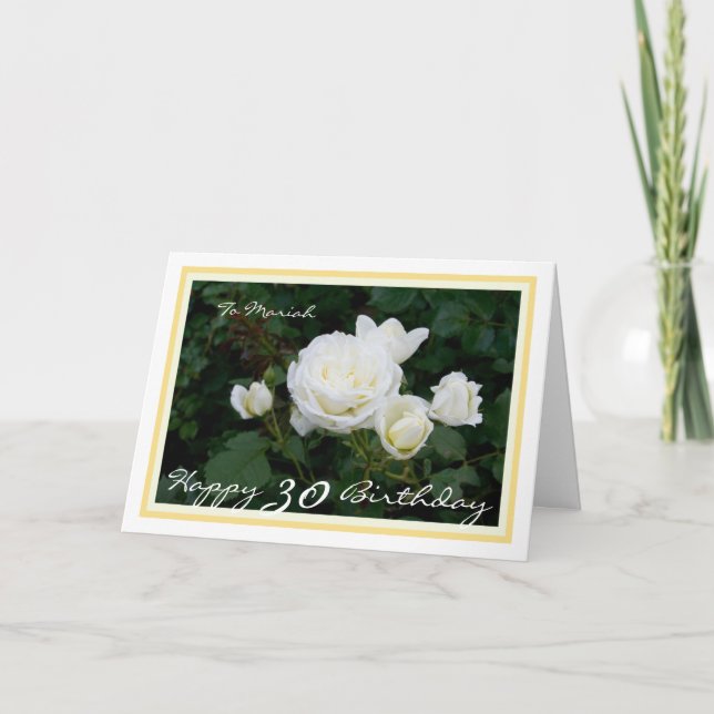 30th Bday Mariah White Roses Modern Golden Frame Card (Front)