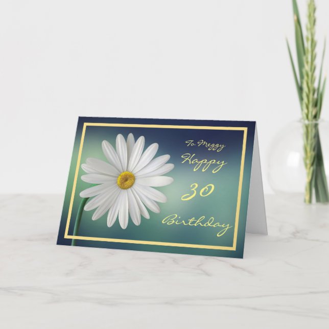 30th Bday Meggy Daisy Flower Elegant Gold Frame Card (Front)