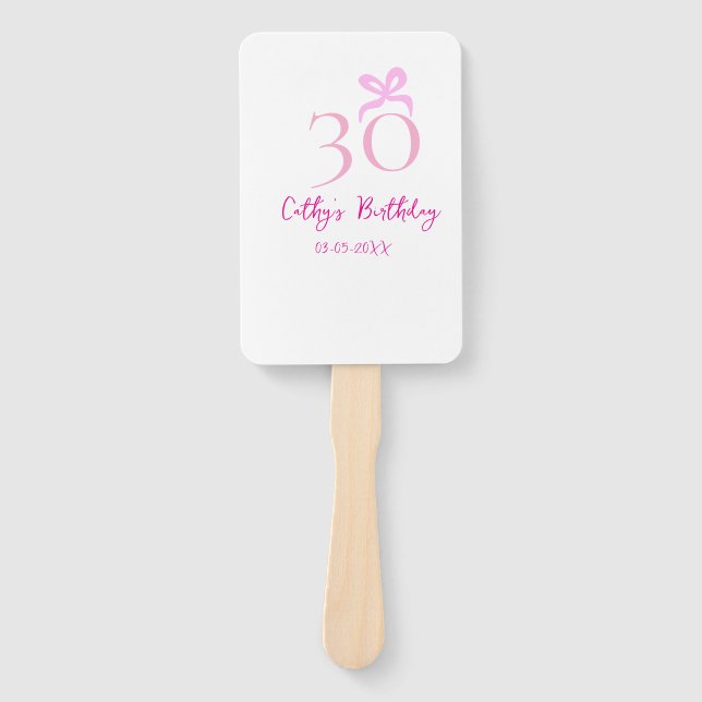 30TH BIIRTHDAY pink bow PASTEL HANDDRAWN RETRO  Hand Fan (Front)