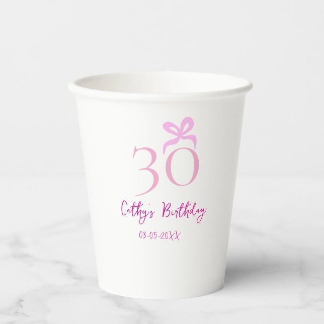 30TH BIIRTHDAY pink bow PASTEL HANDDRAWN RETRO  Paper Cups (Front)