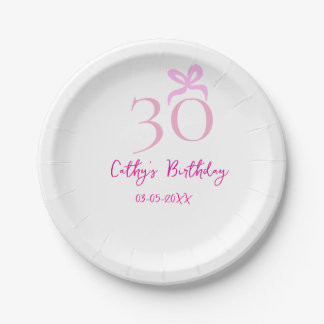 30TH BIIRTHDAY pink bow PASTEL HANDDRAWN RETRO Paper Plate