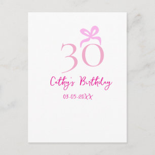 30TH BIIRTHDAY pink bow PASTEL HANDDRAWN RETRO Postcard