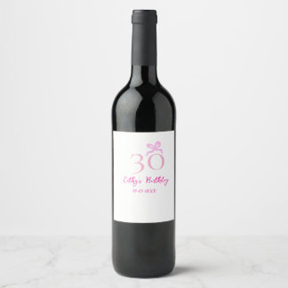 30TH BIIRTHDAY pink bow PASTEL HANDDRAWN RETRO Wine Label
