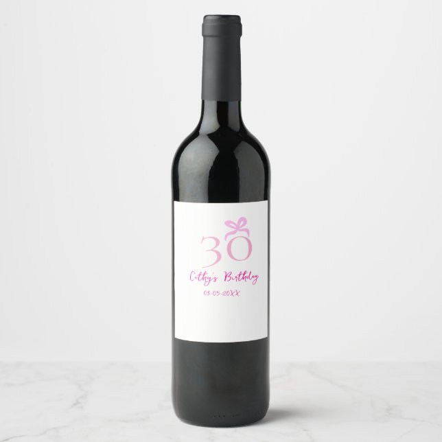 30TH BIIRTHDAY pink bow PASTEL HANDDRAWN RETRO  Wine Label (Front)