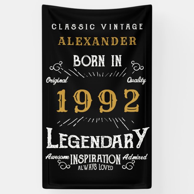 30th Birthday 1992 Add Name Black Gold Legendary Banner (Vertical)
