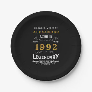 30th Birthday 1992 Add Name Legendary Black Gold Paper Plate