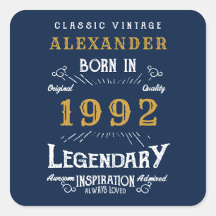 30th Birthday 1992 Add Name Legendary Blue Gold Square Sticker