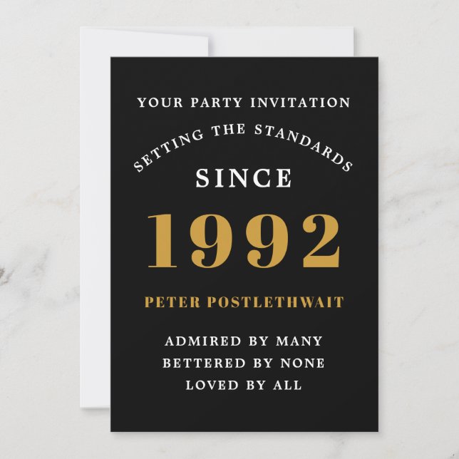 30th Birthday 1992 Black Gold Elegant Chic Invitation (Front)
