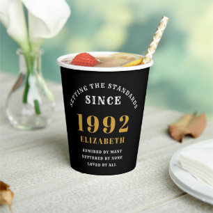 30th Birthday 1992 Elegant Black Gold Chic Paper Cups