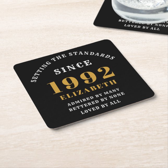 30th Birthday 1992 Elegant Black Gold Chic Square Paper Coaster (Angled)