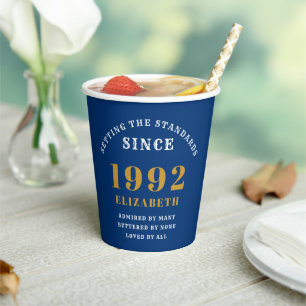 30th Birthday 1992 Elegant Blue Gold Chic Paper Cups