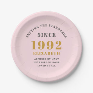 30th Birthday 1992 Elegant Gold Pink Grey Paper Plate