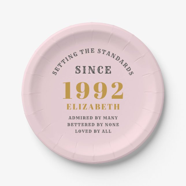 30th Birthday 1992 Elegant Gold Pink Grey Paper Plate (Front)