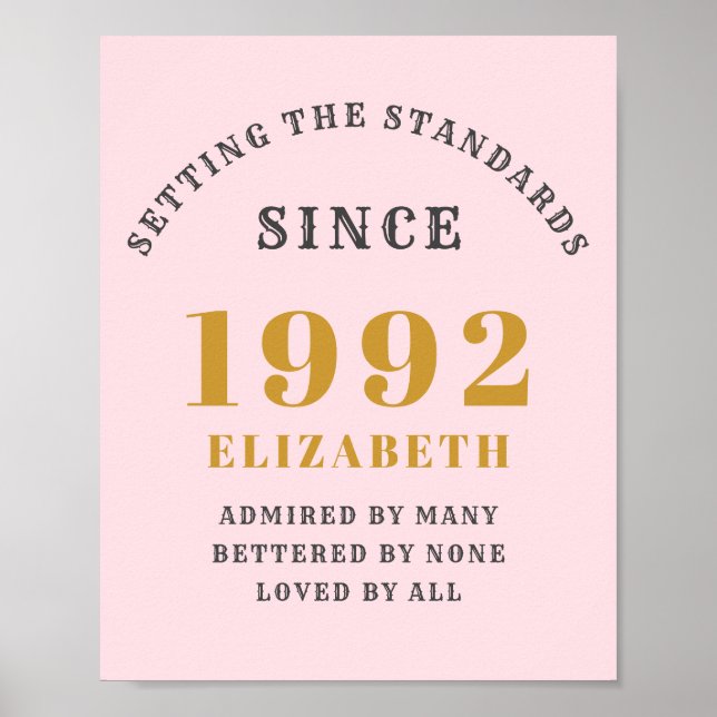 30th Birthday 1992 Elegant Gold Pink Grey Poster (Front)
