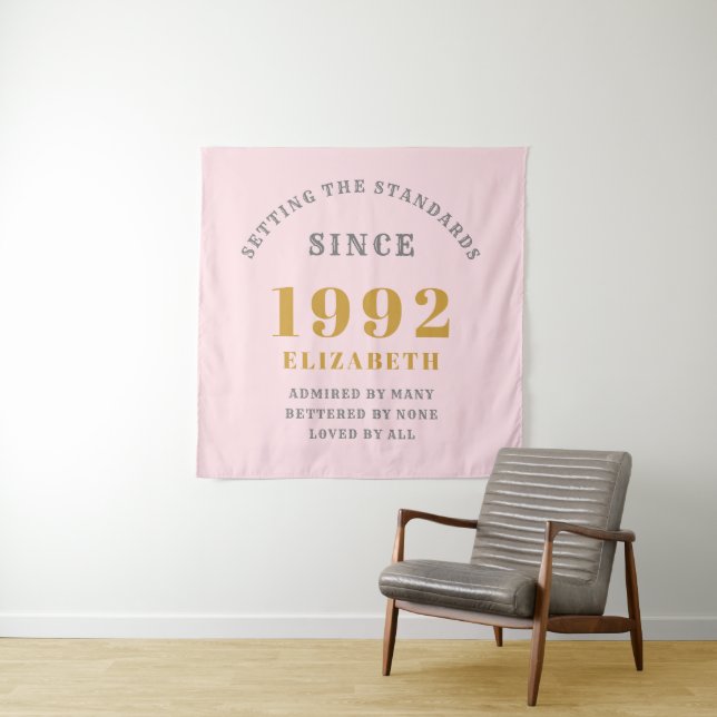 30th Birthday 1992 Elegant Pink Grey Gold Chic Tapestry (In Situ)