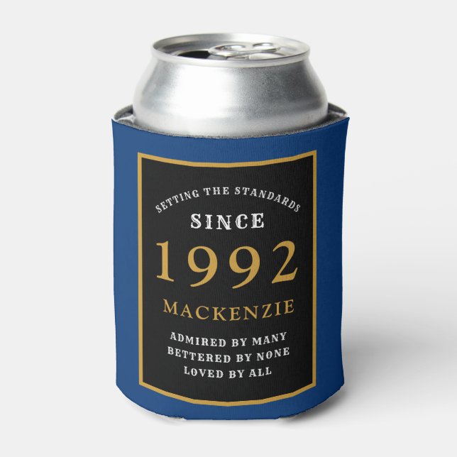 30th Birthday 1992 Name Elegant Black Gold Blue Ca Can Cooler (Can Front)