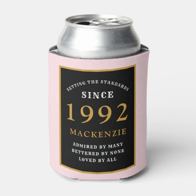 30th Birthday 1992 Name Elegant Black Gold Pink Can Cooler (Can Front)