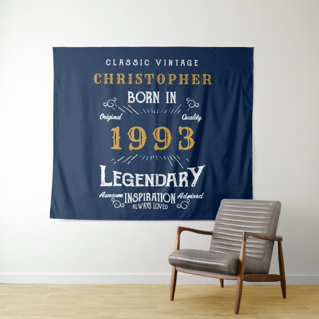 30th Birthday 1993 Add Name Legend Blue Gold Retro Tapestry (In Situ (Horizontal))
